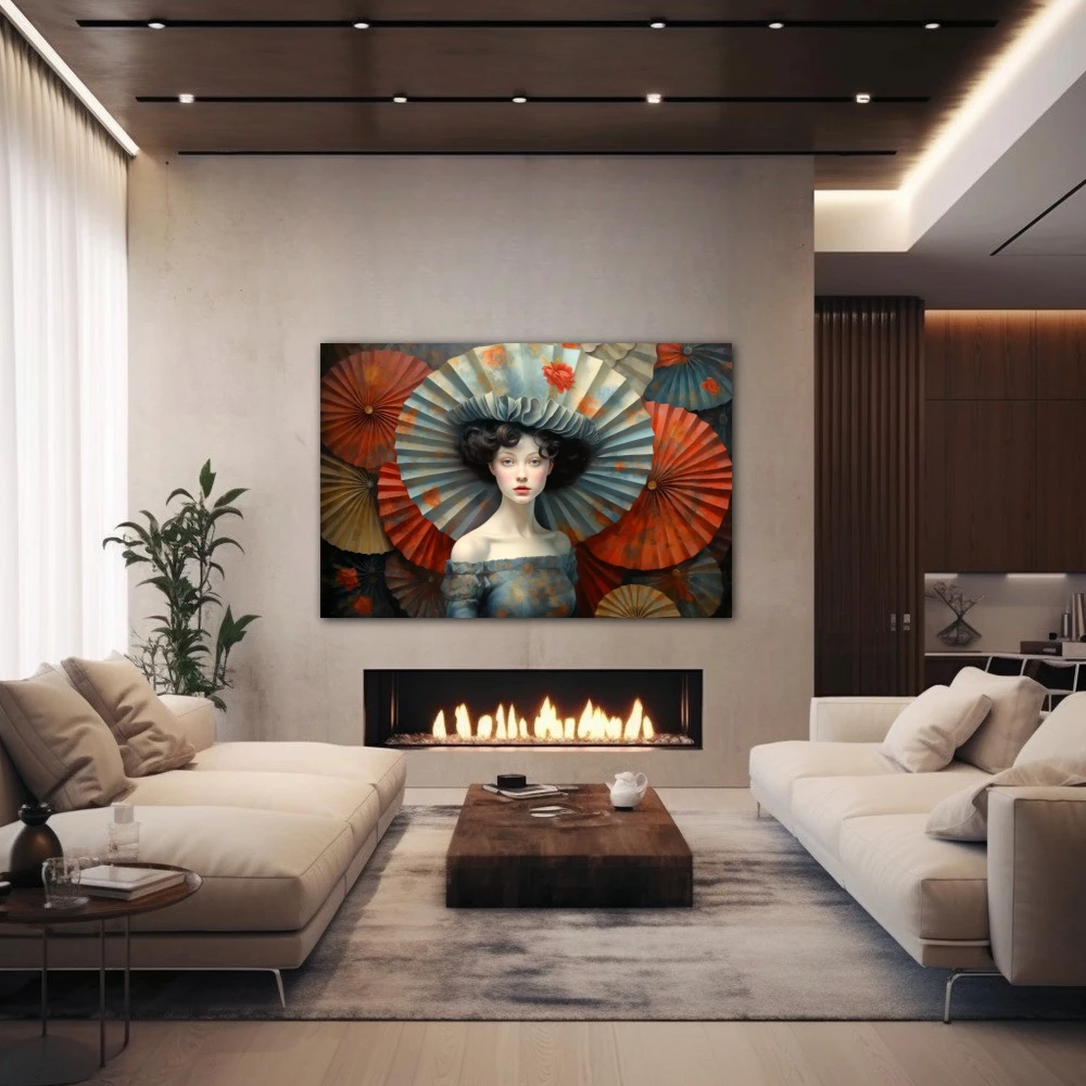 Wall Art titled: The Umbrellas in a Horizontal format with: Grey, and Red Colors; Decoration the Fireplace wall