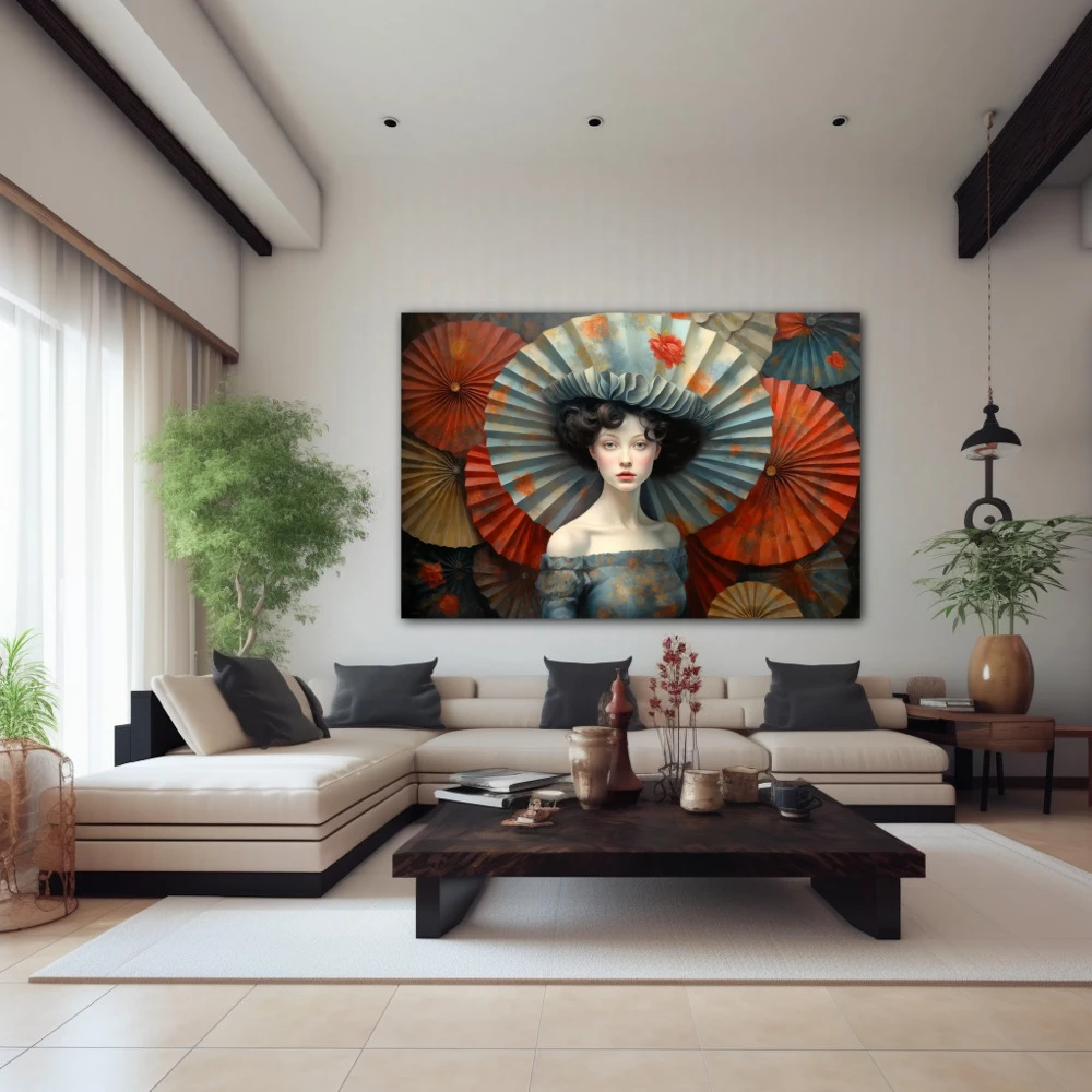 Wall Art titled: The Umbrellas in a Horizontal format with: Grey, and Red Colors; Decoration the Above Couch wall