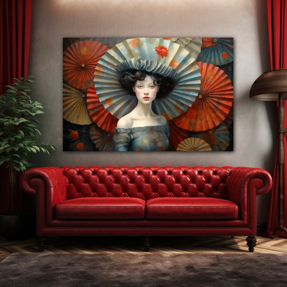 Wall Art titled: The Umbrellas in a Horizontal format with: Grey, and Red Colors; Decoration the Above Couch wall