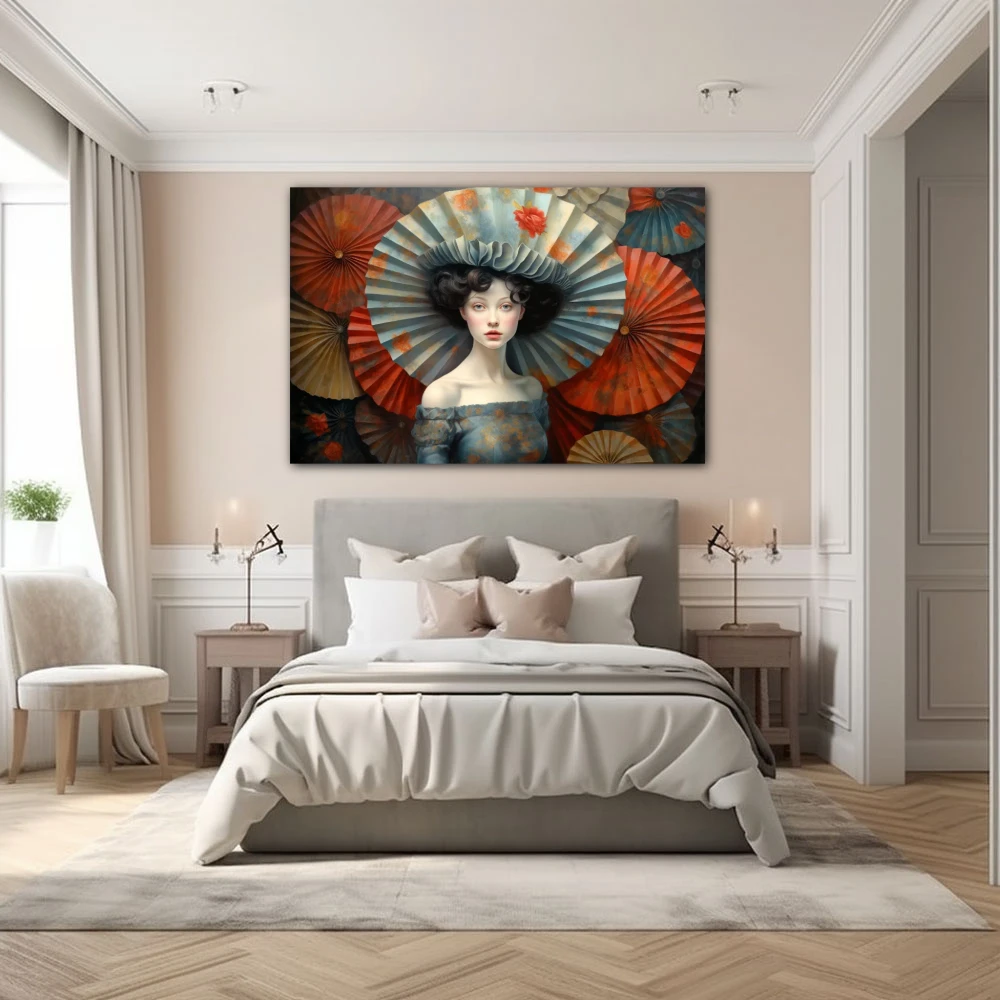 Wall Art titled: The Umbrellas in a Horizontal format with: Grey, and Red Colors; Decoration the Bedroom wall
