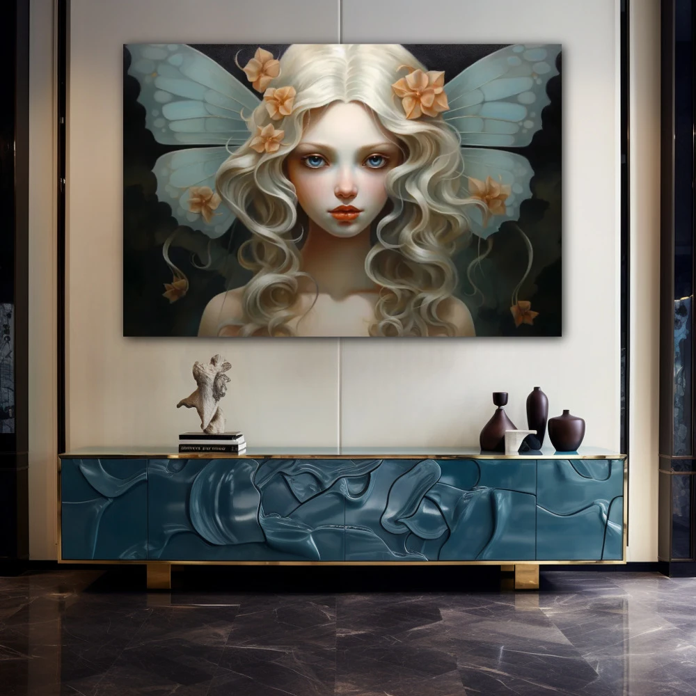 Wall Art titled: Lucky Fairy in a Horizontal format with: Turquoise, and Pastel Colors; Decoration the Sideboard wall