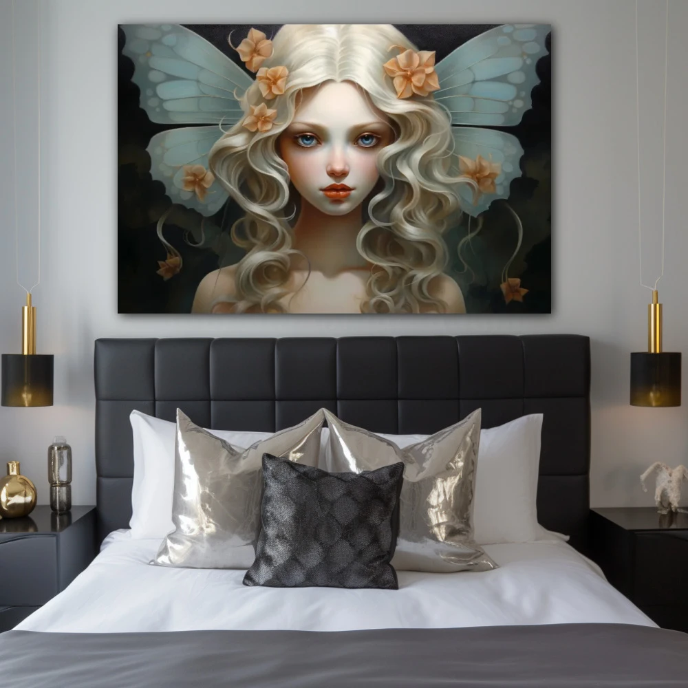 Wall Art titled: Lucky Fairy in a Horizontal format with: Turquoise, and Pastel Colors; Decoration the Bedroom wall