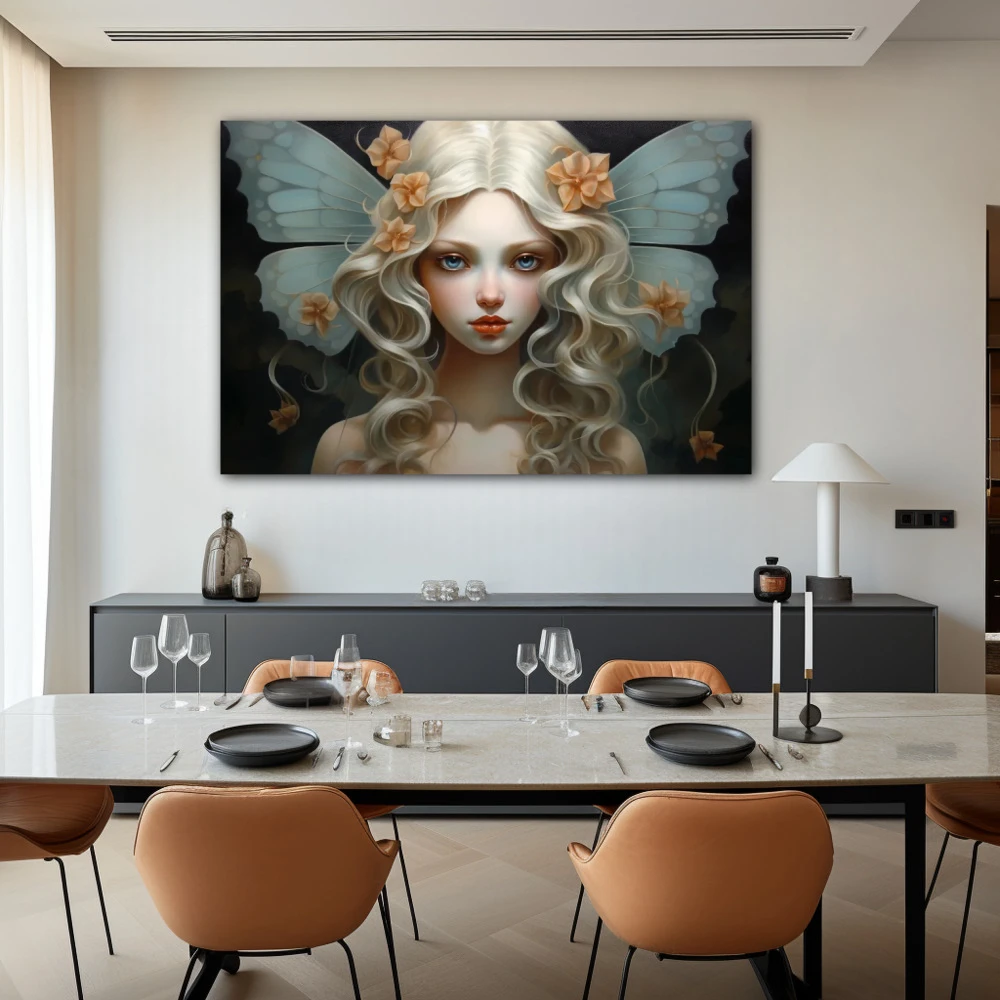 Wall Art titled: Lucky Fairy in a Horizontal format with: Turquoise, and Pastel Colors; Decoration the Living Room wall