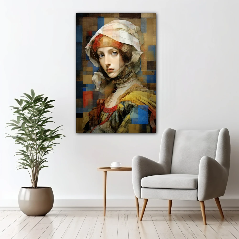 Wall Art titled: Lady of the Modern Renaissance in a Vertical format with: Yellow, white, and Pastel Colors; Decoration the White Wall wall