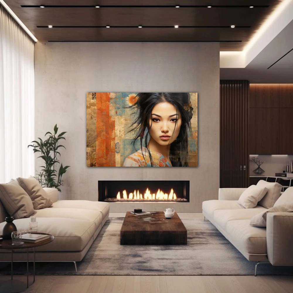 Wall Art titled: Li Wei Chen in a Horizontal format with: Brown, and Beige Colors; Decoration the Fireplace wall