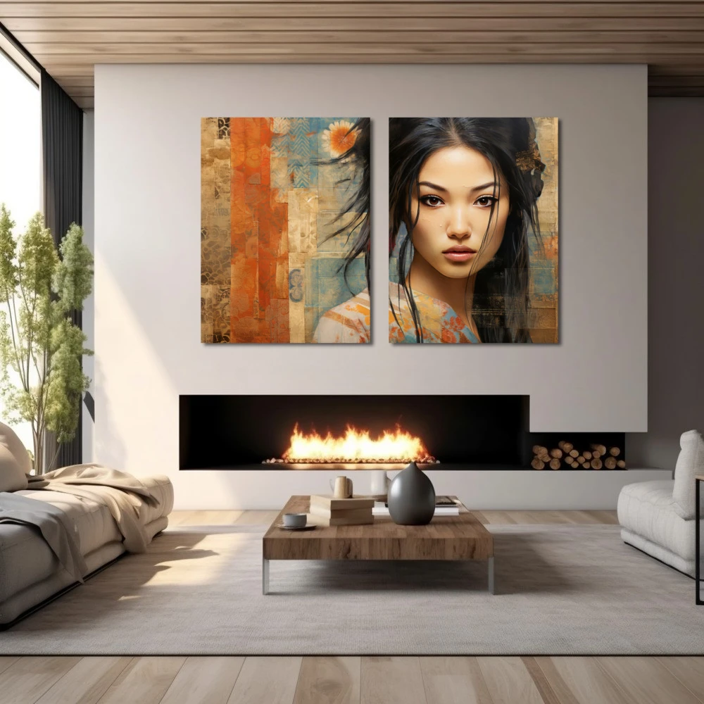 Wall Art titled: Li Wei Chen in a Horizontal format with: Brown, and Beige Colors; Decoration the Fireplace wall
