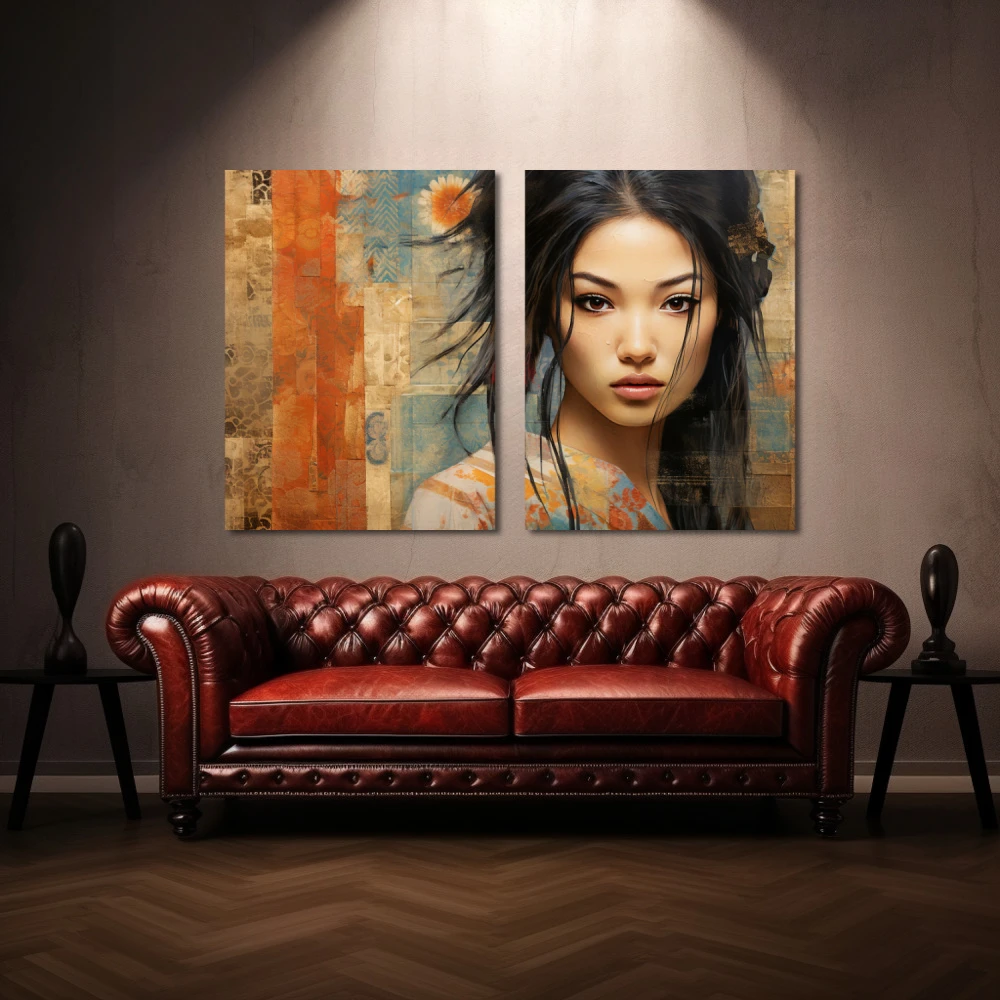 Cuadro li wei chen en formato díptico con colores marrón, beige; decorando pared de encima del sofá