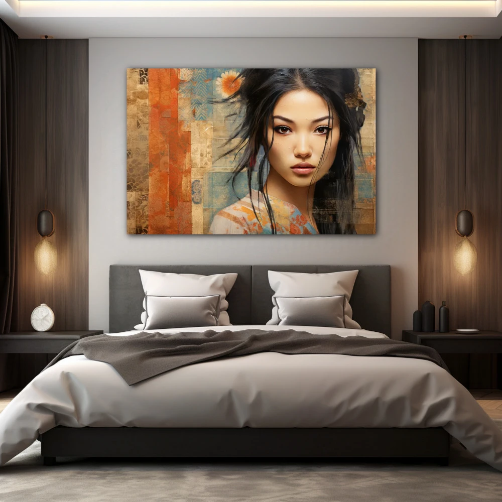 Cuadro li wei chen en formato horizontal con colores marrón, beige; decorando pared de habitación dormitorio