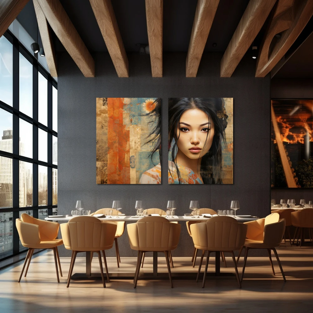Cuadro li wei chen en formato díptico con colores marrón, beige; decorando pared de restaurante