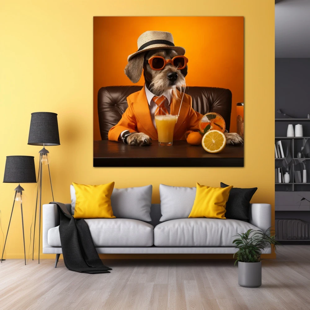 Cuadro canino cítrico en formato cuadrado con colores naranja; decorando pared amarilla