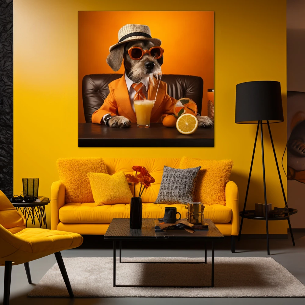 Cuadro canino cítrico en formato cuadrado con colores naranja; decorando pared amarilla