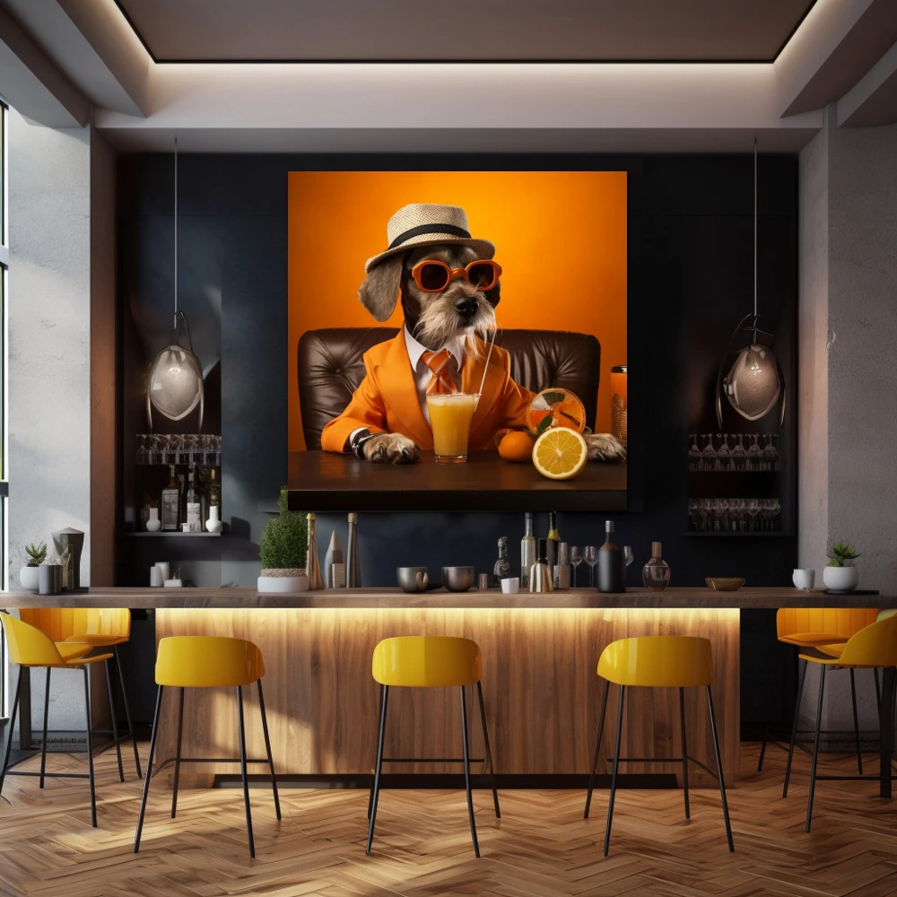 Cuadro canino cítrico en formato cuadrado con colores naranja; decorando pared de bar