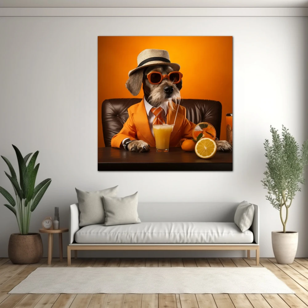 Wall Art titled: Citrus Canine in a Square format with: and Orange Colors; Decoration the White Wall wall