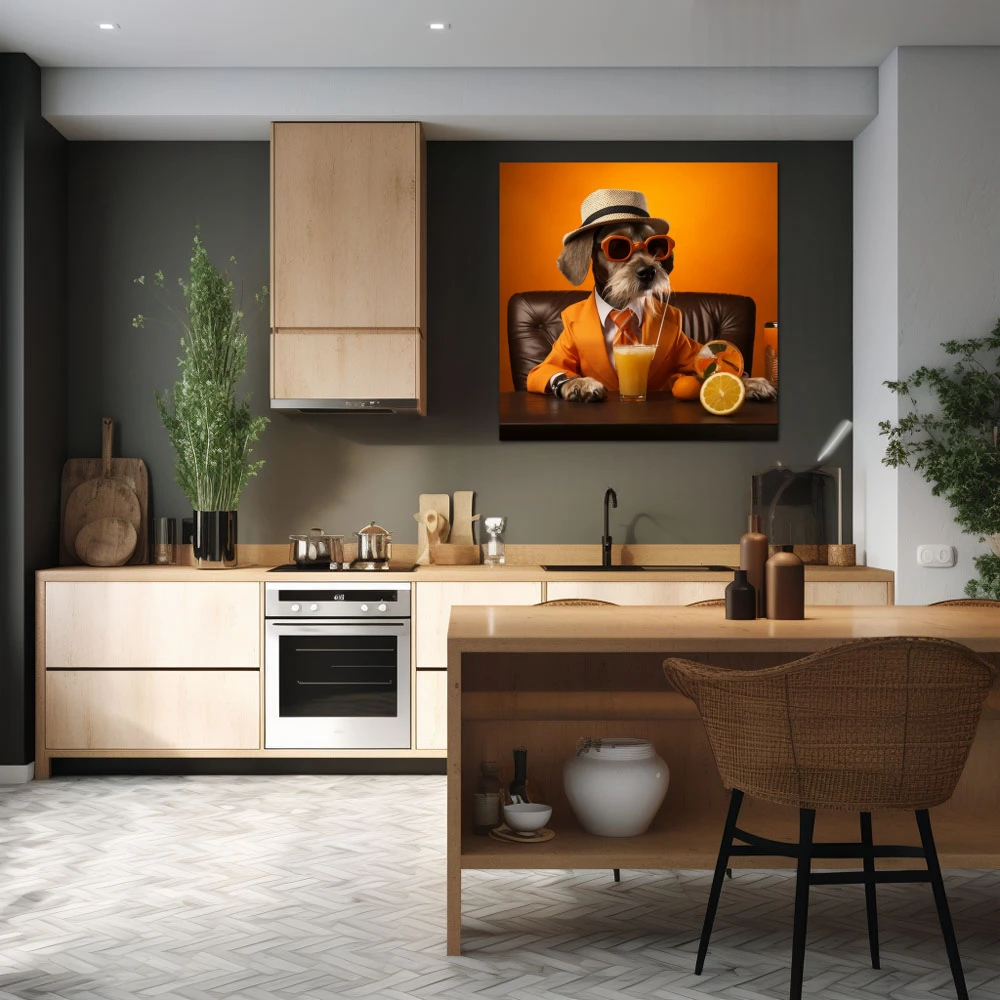 Wall Art titled: Citrus Canine in a Square format with: and Orange Colors; Decoration the Kitchen wall