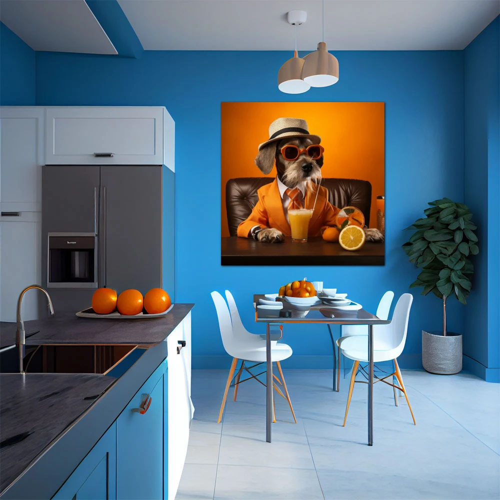 Cuadro canino cítrico en formato cuadrado con colores naranja; decorando pared de cocina