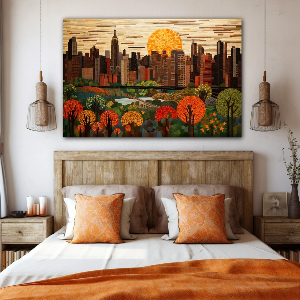 Cuadro atardecer en la gran manzana en formato horizontal con colores marrón, naranja, verde; decorando pared de habitación dormitorio