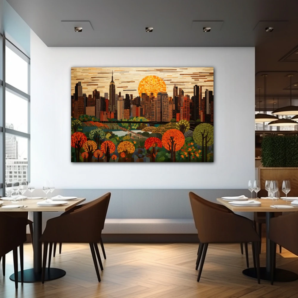 Cuadro atardecer en la gran manzana en formato horizontal con colores marrón, naranja, verde; decorando pared de restaurante