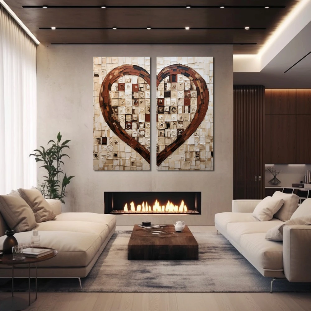 Cuadro corazón al cuadrado en formato díptico con colores marrón, beige; decorando pared de chimenea