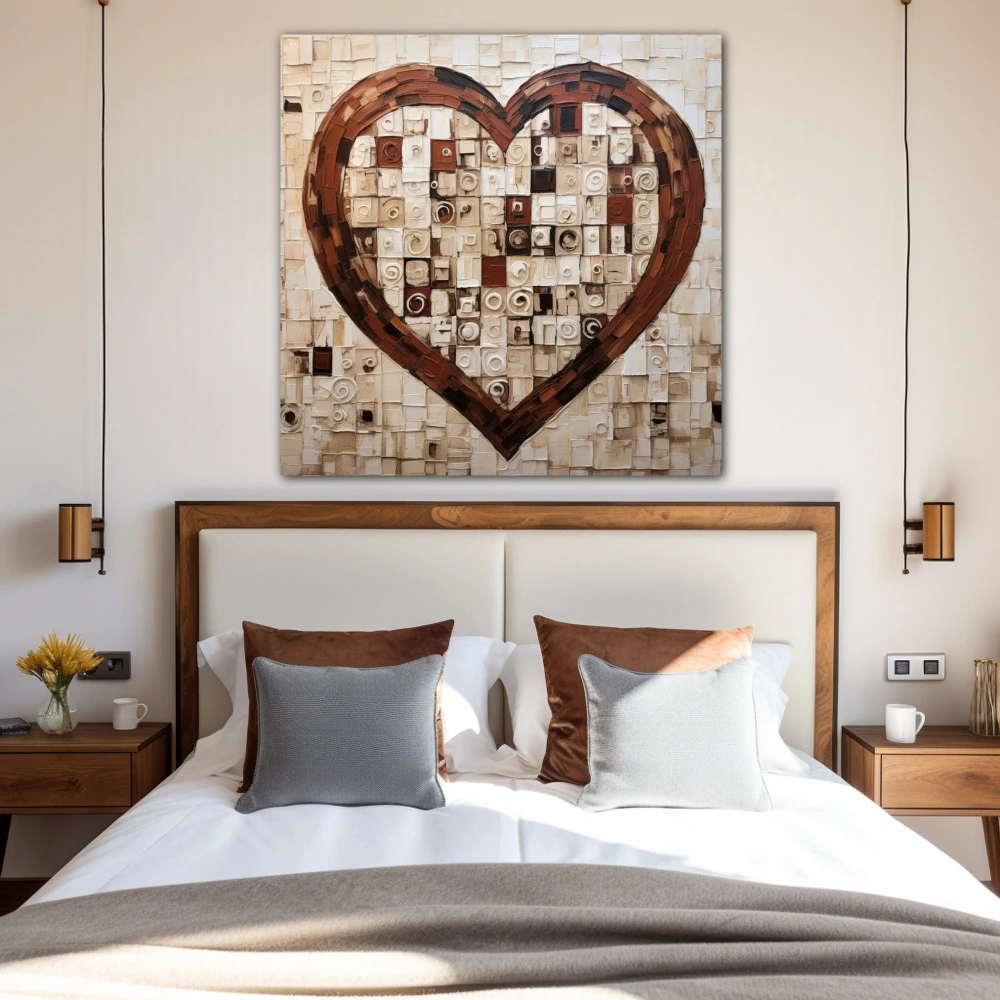 Cuadro corazón al cuadrado en formato cuadrado con colores marrón, beige; decorando pared de habitación dormitorio