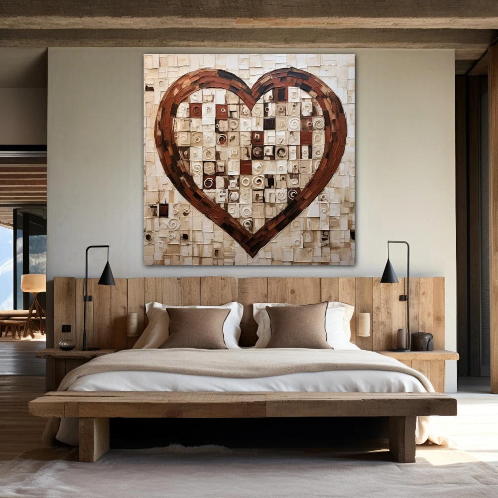 Cuadro corazón al cuadrado en formato cuadrado con colores marrón, beige; decorando pared de habitación dormitorio