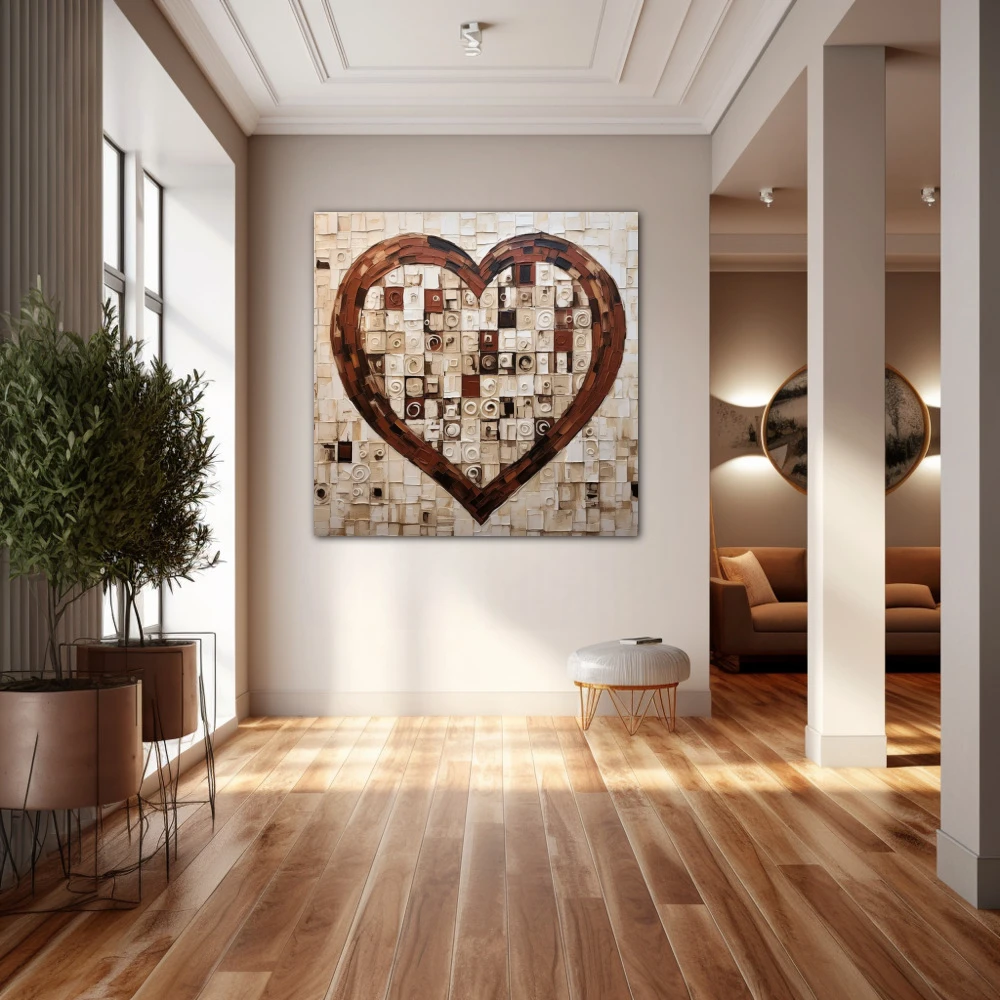 Cuadro corazón al cuadrado en formato cuadrado con colores marrón, beige; decorando pared de pasillo