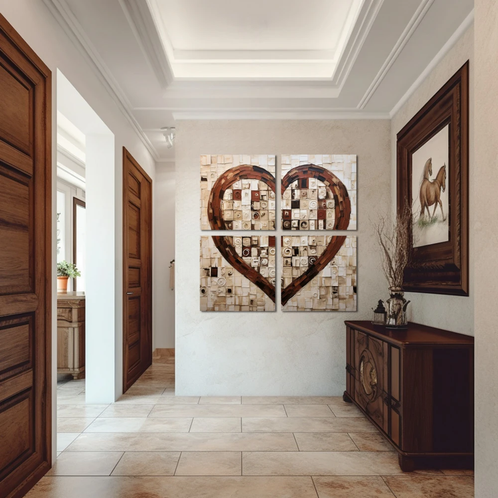Cuadro corazón al cuadrado en formato políptico con colores marrón, beige; decorando pared de pasillo