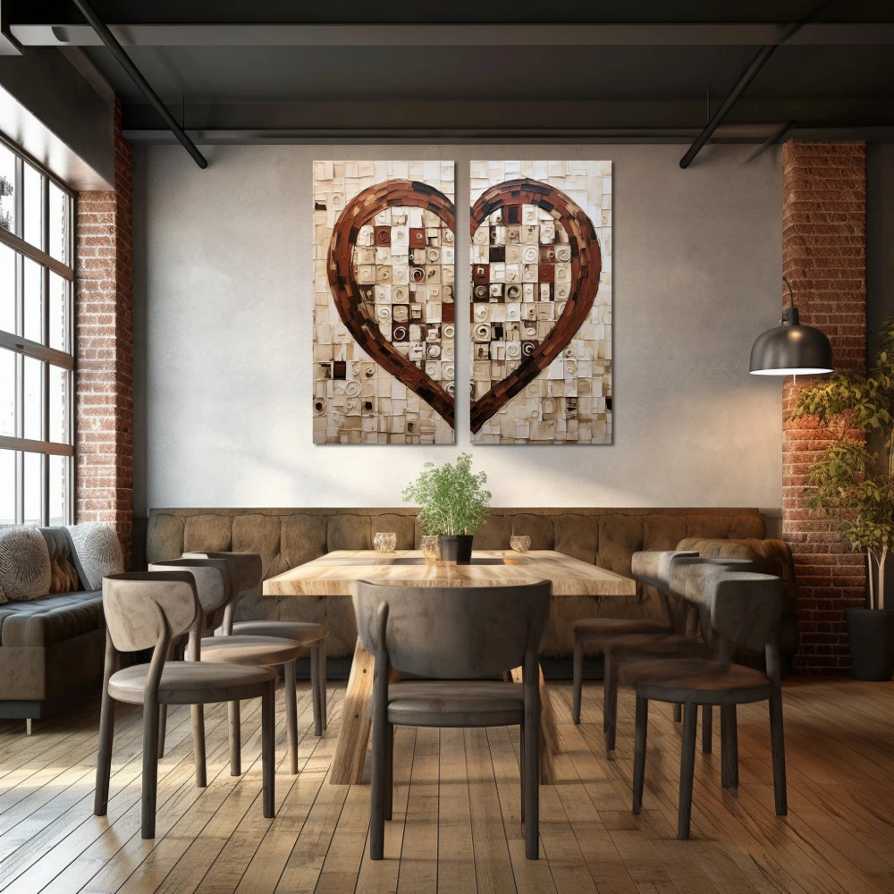 Cuadro corazón al cuadrado en formato díptico con colores marrón, beige; decorando pared de restaurante