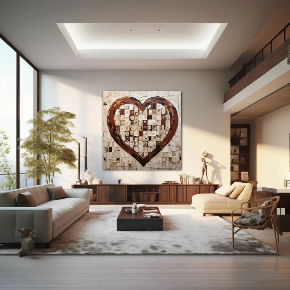 Cuadro corazón al cuadrado en formato cuadrado con colores marrón, beige; decorando pared de salón comedor