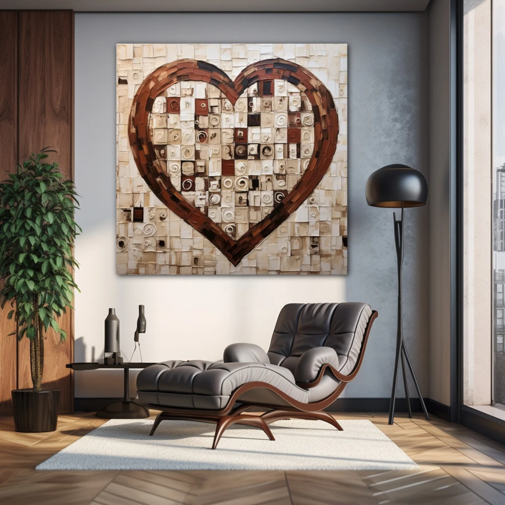 Wall Art titled: Heart Squared in a Square format with: Brown, and Beige Colors; Decoration the Living Room wall