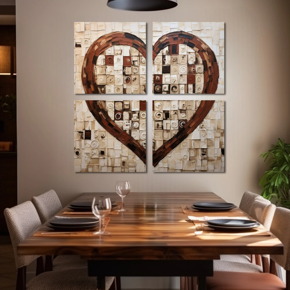 Cuadro corazón al cuadrado en formato políptico con colores marrón, beige; decorando pared de salón comedor