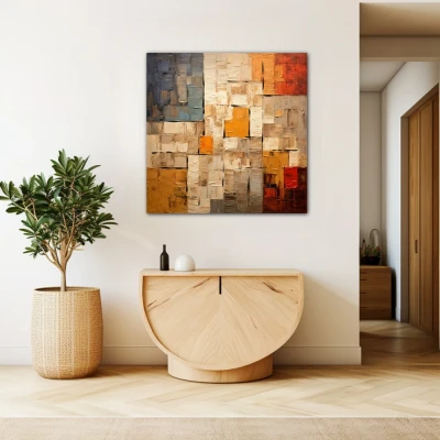 Wall Art titled: Colorful Labyrinths in a Square format with: Brown, Orange, and Beige Colors; Decoration the Beige Wall wall