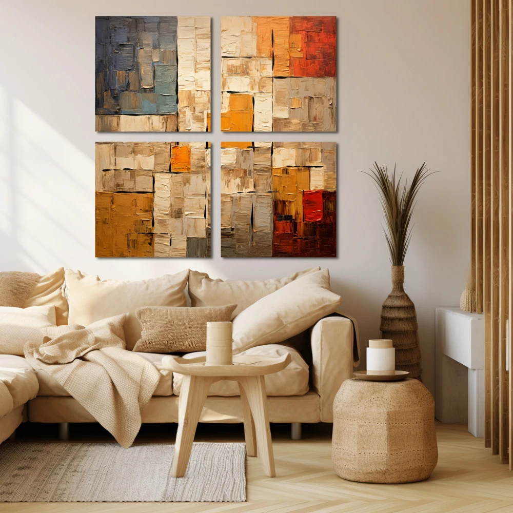 Wall Art titled: Colorful Labyrinths in a Square format with: Brown, Orange, and Beige Colors; Decoration the Beige Wall wall