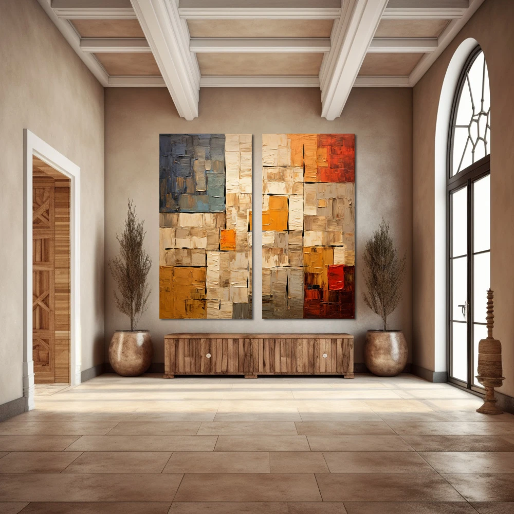 Wall Art titled: Colorful Labyrinths in a Square format with: Brown, Orange, and Beige Colors; Decoration the Entryway wall