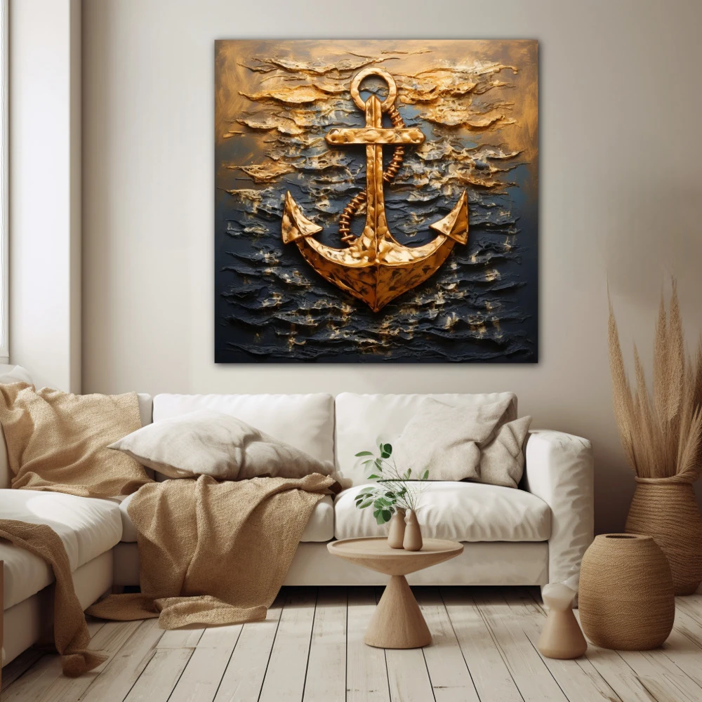 Wall Art titled: The Anchor of Your Life in a Square format with: Golden, and Black Colors; Decoration the Beige Wall wall