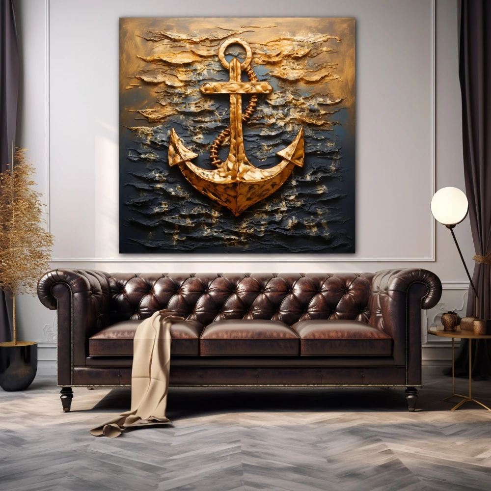 Wall Art titled: The Anchor of Your Life in a Square format with: Golden, and Black Colors; Decoration the Above Couch wall