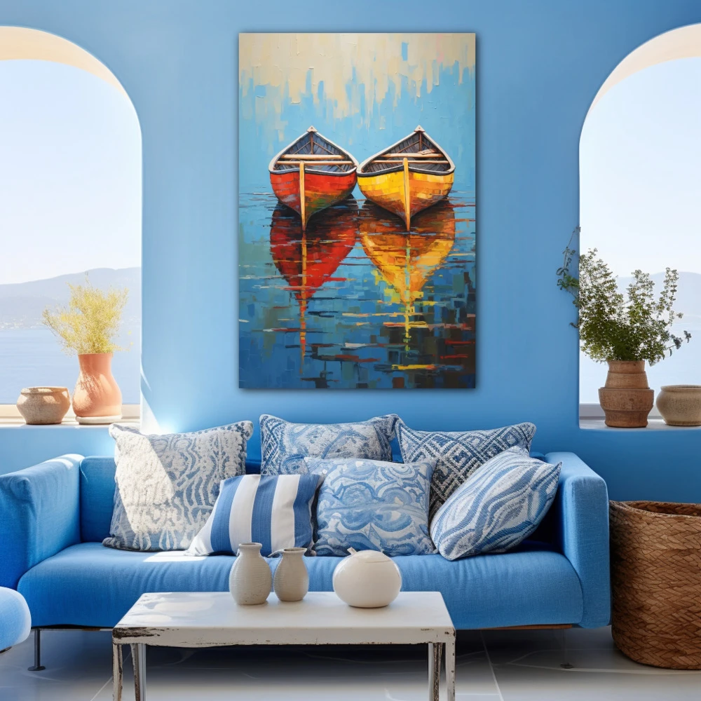 Wall Art titled: Like Master, Like Sailor in a Vertical format with: Yellow, Blue, and Red Colors; Decoration the Blue Wall wall