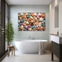 Wall Art titled: Treasure of the Coast in a Horizontal format with: Sky blue, Orange, and Beige Colors; Decoration the Bathroom wall