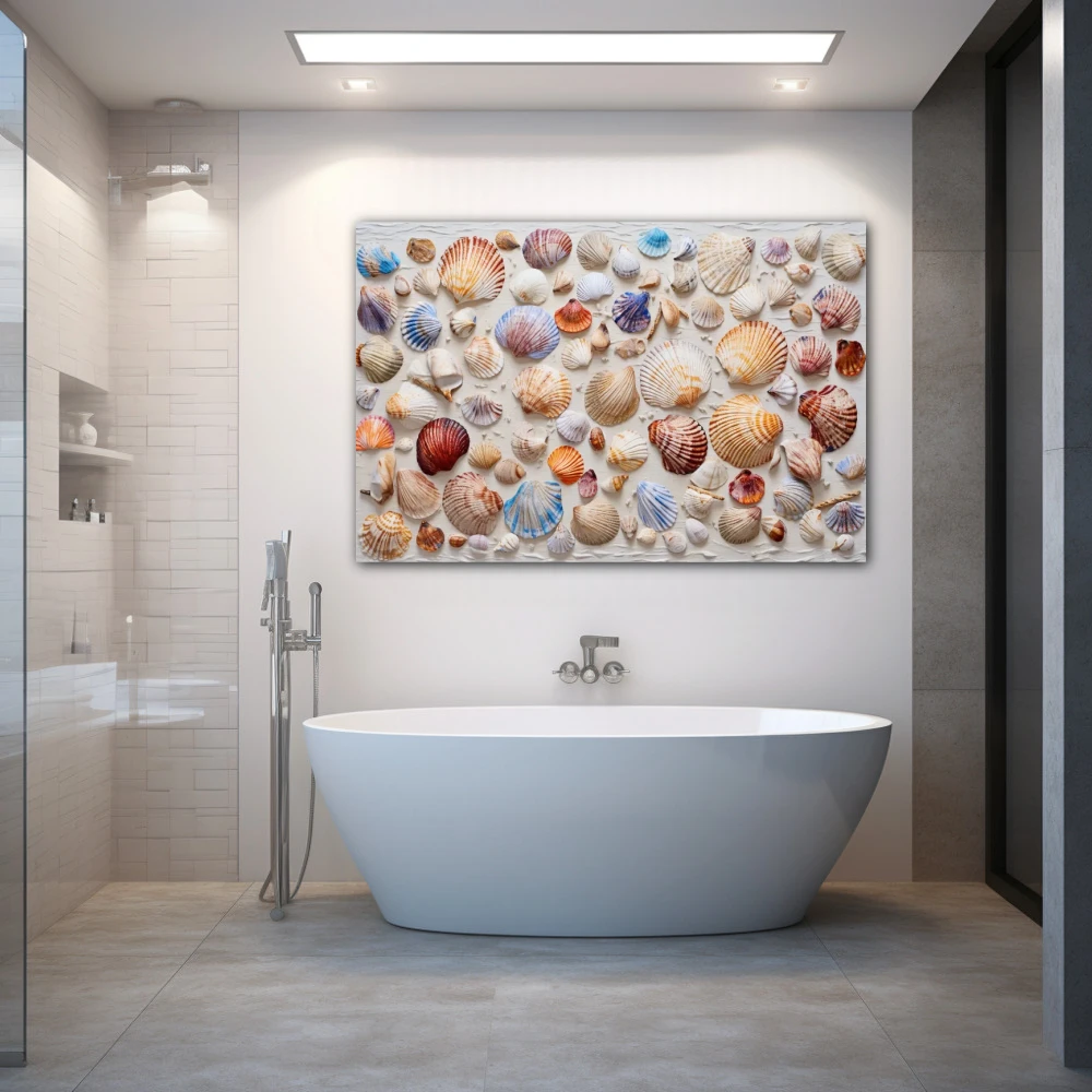 Cuadro riqueza costera en formato horizontal con colores blanco, beige, pastel; decorando pared de baño