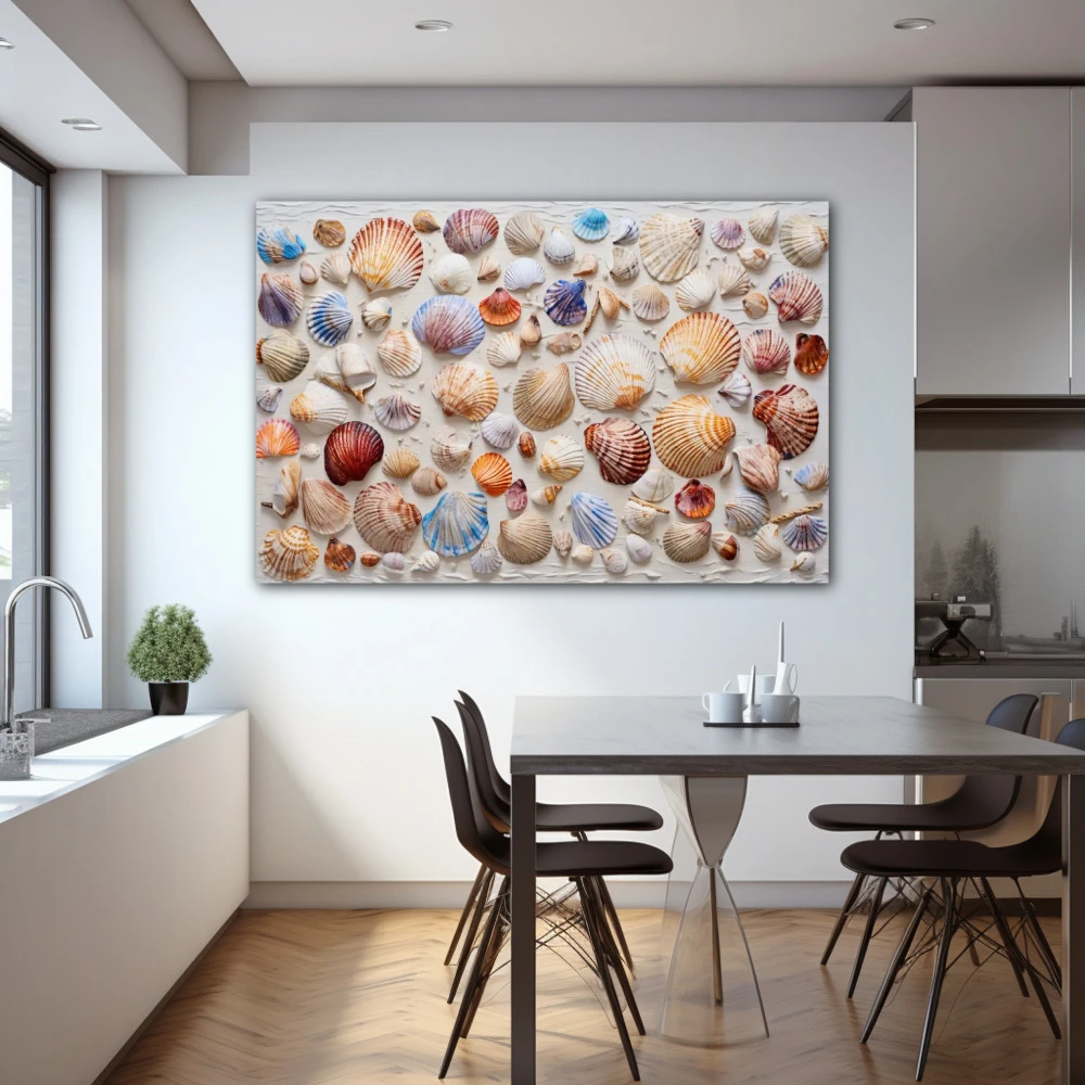 Cuadro riqueza costera en formato horizontal con colores blanco, beige, pastel; decorando pared de cocina