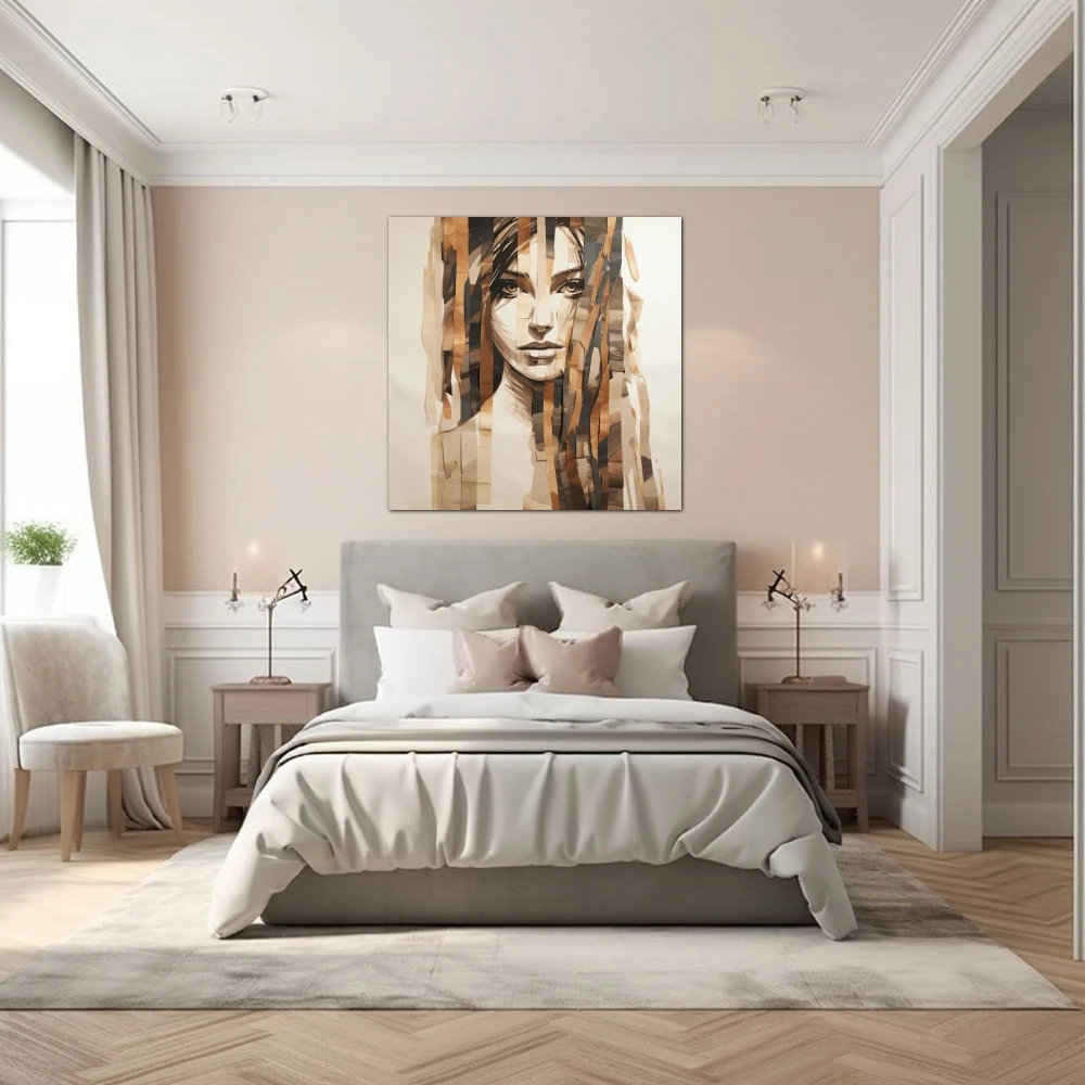 Wall Art titled: Woman's Fragments in a Square format with: Brown, and Beige Colors; Decoration the Bedroom wall