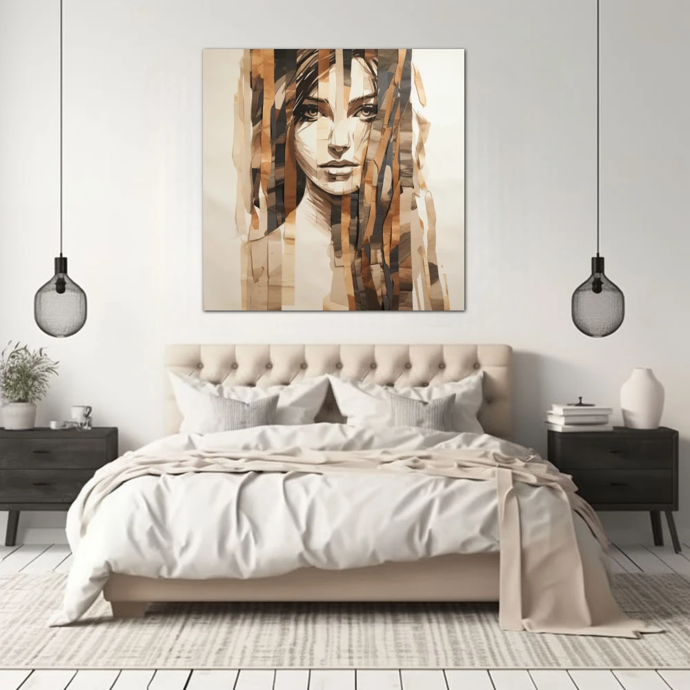 Cuadro fragmentos de mujer en formato cuadrado con colores marrón, beige; decorando pared de habitación dormitorio