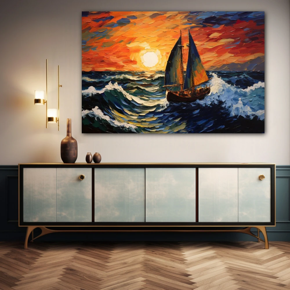 Wall Art titled: Red Dawn, Wet Sail in a Horizontal format with: Orange, Red, and Navy Blue Colors; Decoration the Sideboard wall