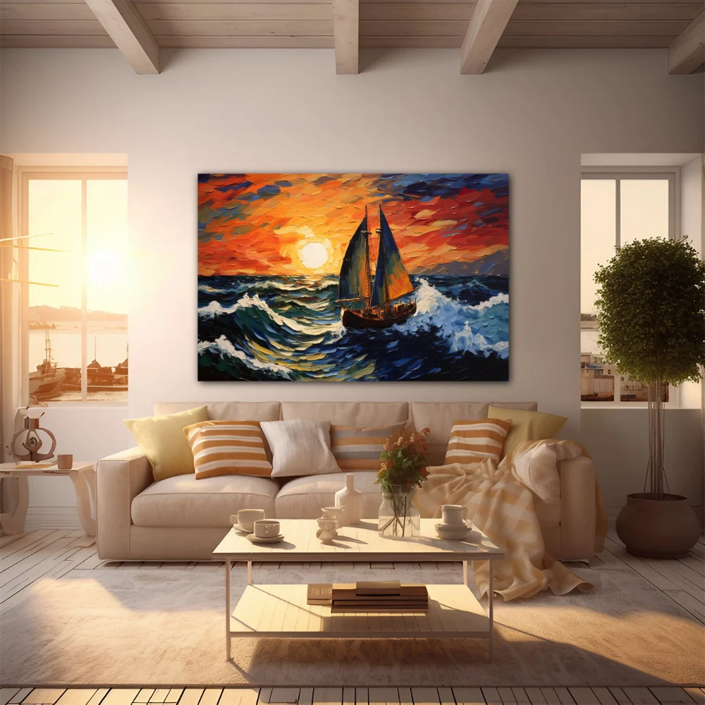 Wall Art titled: Red Dawn, Wet Sail in a Horizontal format with: Orange, Red, and Navy Blue Colors; Decoration the  wall