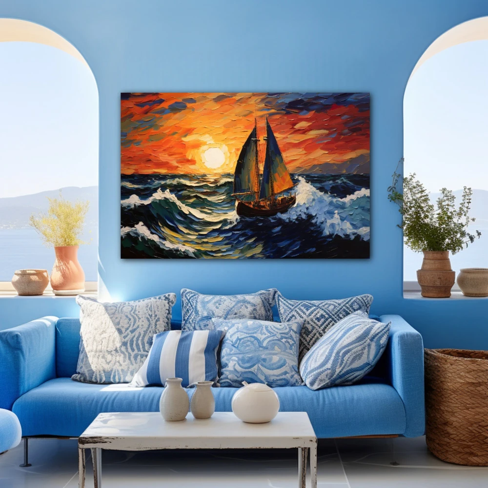 Wall Art titled: Red Dawn, Wet Sail in a Horizontal format with: Orange, Red, and Navy Blue Colors; Decoration the Blue Wall wall