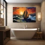 Wall Art titled: Red Dawn, Wet Sail in a Horizontal format with: Orange, Red, and Navy Blue Colors; Decoration the Bathroom wall
