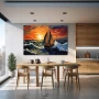 Wall Art titled: Red Dawn, Wet Sail in a Horizontal format with: Orange, Red, and Navy Blue Colors; Decoration the Kitchen wall