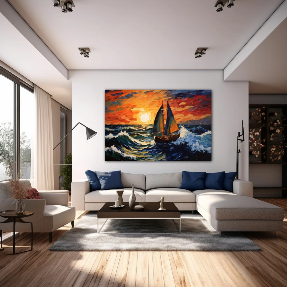 Wall Art titled: Red Dawn, Wet Sail in a Horizontal format with: Orange, Red, and Navy Blue Colors; Decoration the Above Couch wall