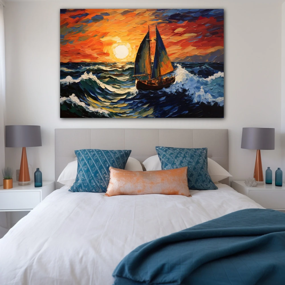 Wall Art titled: Red Dawn, Wet Sail in a Horizontal format with: Orange, Red, and Navy Blue Colors; Decoration the Bedroom wall