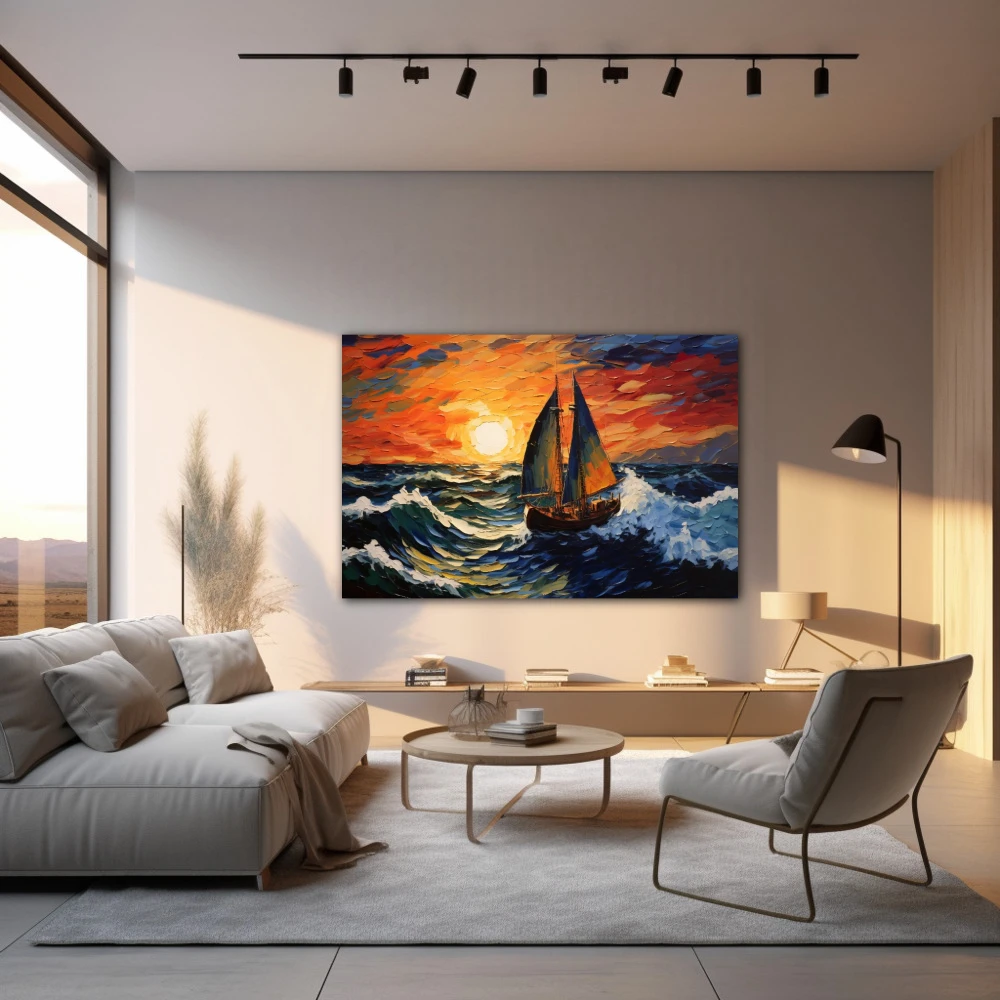 Wall Art titled: Red Dawn, Wet Sail in a Horizontal format with: Orange, Red, and Navy Blue Colors; Decoration the Living Room wall