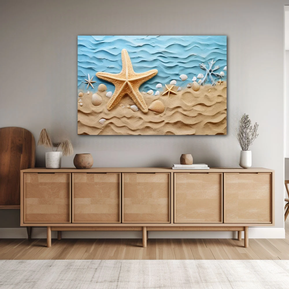 Cuadro amanecer en la costa en formato horizontal con colores celeste, beige; decorando pared de aparador